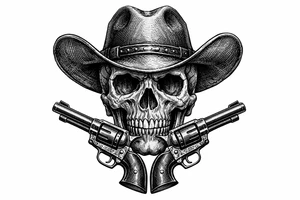 Victorian-era engraved skull, cowboy hat, two revolvers flanking its chin. tattoo idea