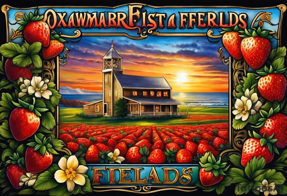 Tattoo of my hometown of Oxnard, CA
Tattoo must have strawberry fields meeting with ocean
Tattoo must have Oxnard coordinates
34.2236192,-119.1310264
Add in the sun on top of the fields/ocean
No barn house, add a Gondola style plaza 
Only in black and white tattoo idea
