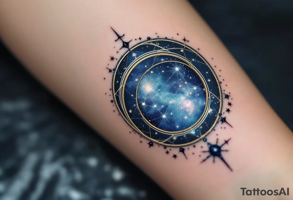 The Sagittarius star constellation embedded in a circular night-sky portal with dark blue and silver shading. tattoo idea