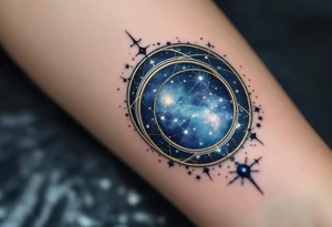 The Sagittarius star constellation embedded in a circular night-sky portal with dark blue and silver shading. tattoo idea