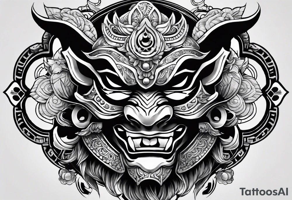 hanya mask on the shoulder, mask from ghost of Tsushima, hanya mask with three eyes tattoo idea