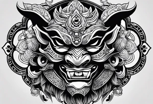 hanya mask on the shoulder, mask from ghost of Tsushima, hanya mask with three eyes tattoo idea