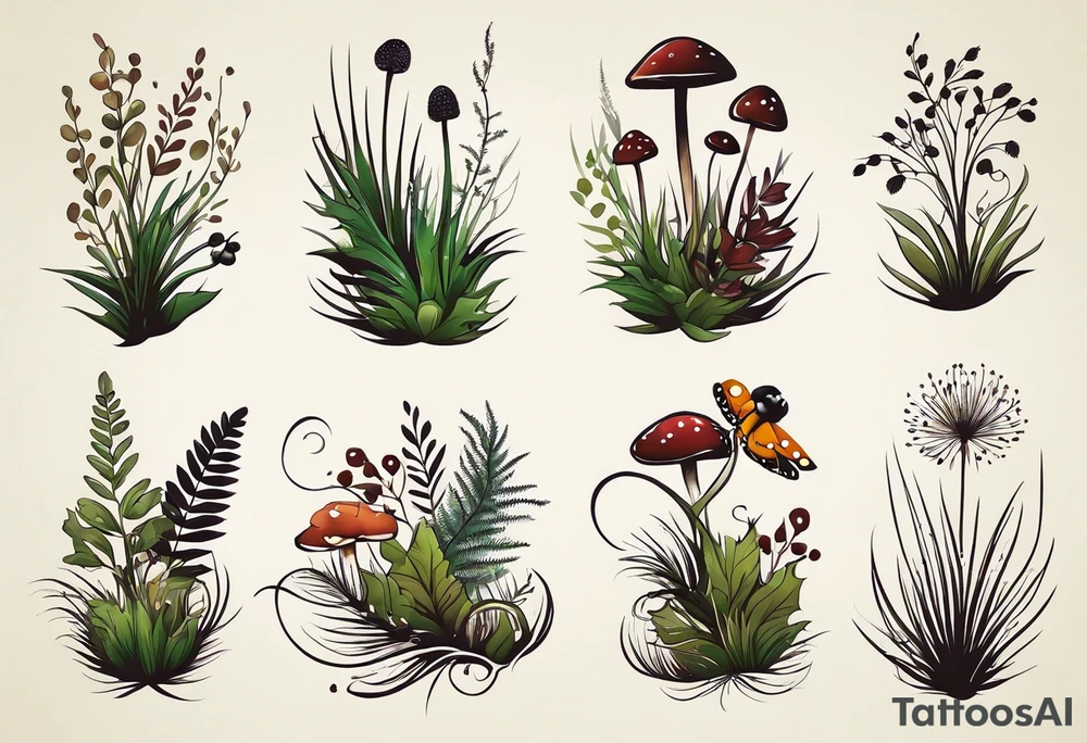 forest floor inspired minimalist tattoo, which includes grass, curly ferns, moss and dead leaves as the bulk of the tattoo. details to include: forest berries, a tiny bumblebee flying nearby, three small brown mushrooms
Generate a vertically long one tattoo idea
