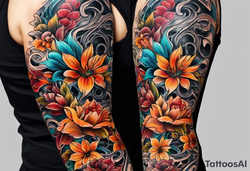 Arm sleeve with fall colors, various flowers, water flow tattoo idea