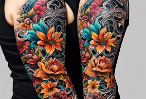 Arm sleeve with fall colors, various flowers, water flow tattoo idea