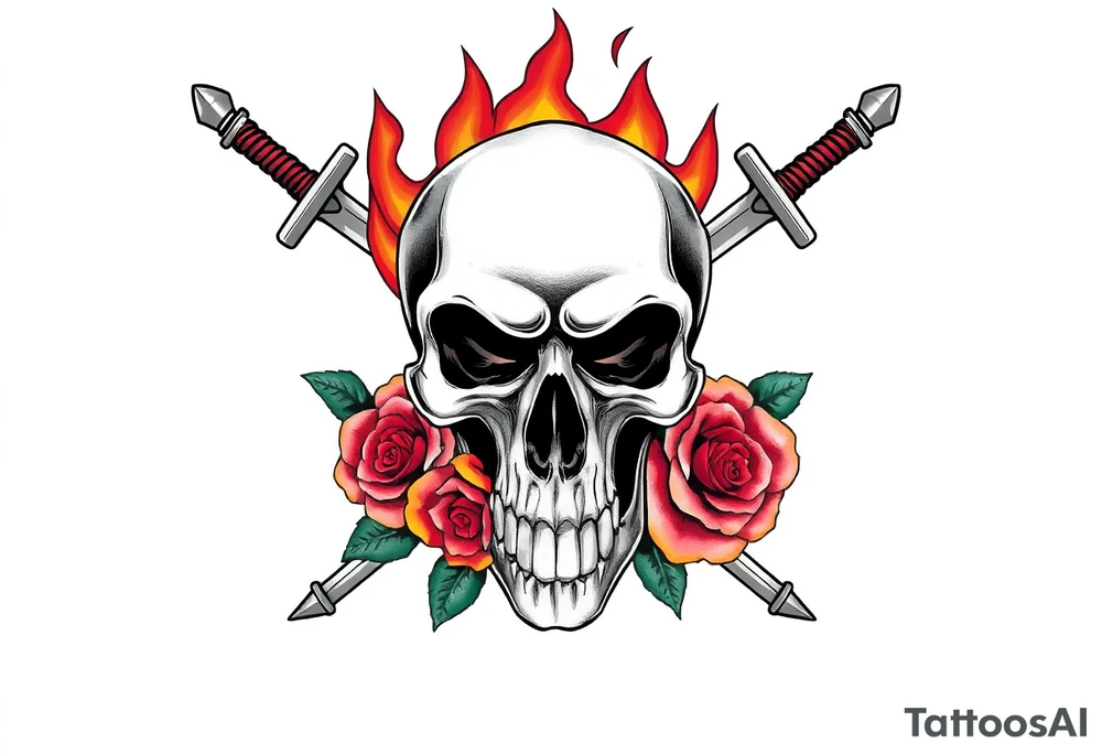 Skull with fiery flames, crossed broadswords, vibrant blooming roses. tattoo idea