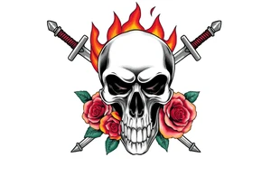 Skull with fiery flames, crossed broadswords, vibrant blooming roses. tattoo idea