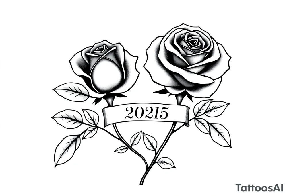 two beautiful large rose buds, one larger than the other, with many leaves next to the rose buds, with one sitting higher than the other. Include a banner connecting the two roses with the year "2025" on it.   Use dark outlines with little shading. The two stems should be short, not long, and connect and join into one stem, whimsically curved or twisted - not straight down. tattoo idea