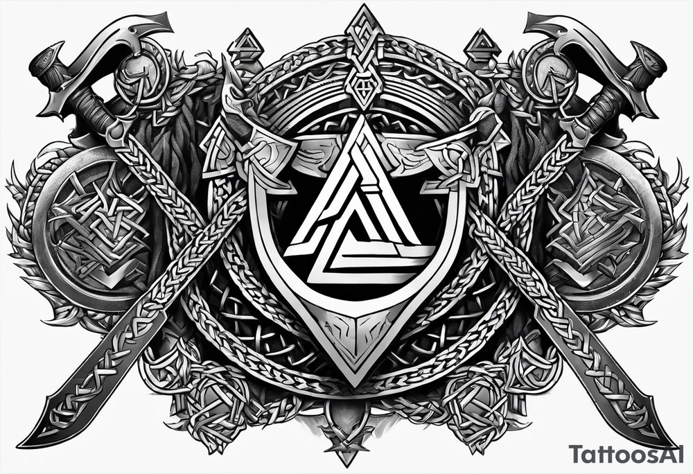Valhalla sword shield  axe Valknut barbed wire chains tattoo idea