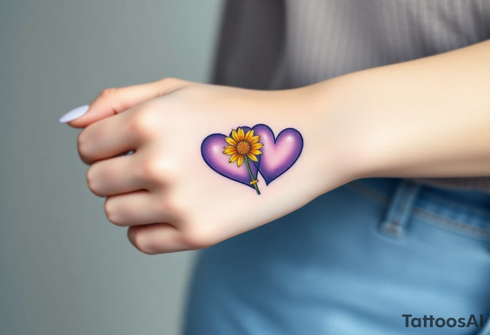 simple with Purple Hearts with yellow daisy with cross tattoo idea