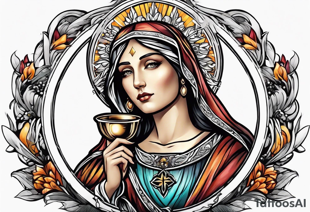 holy saint woman with halo holding a chalice tattoo idea