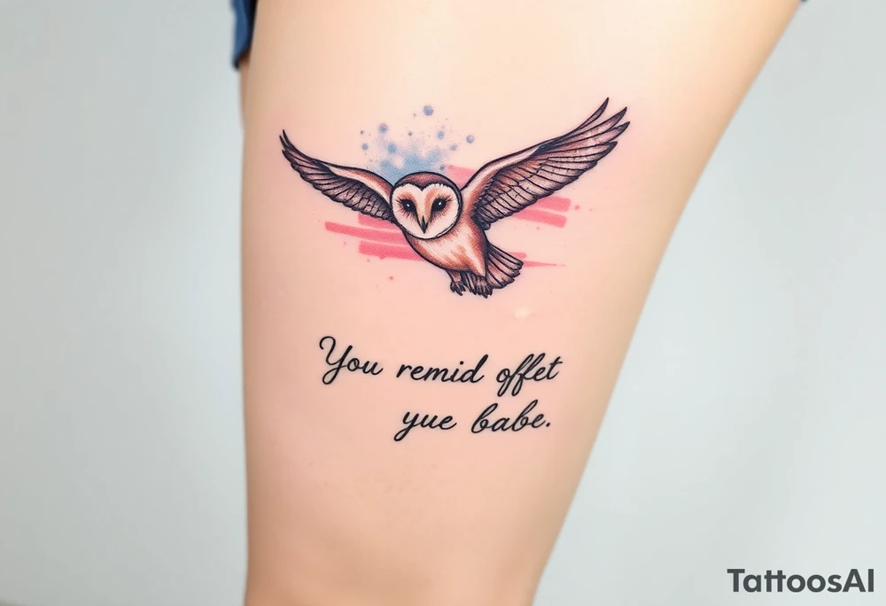 Small barn owl in flight with water color background and “You remind me of the babe” in script tattoo idea