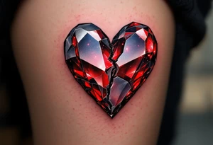 A heart-shaped crystal with a shattered effect, glowing in deep ruby red and silver, symbolizing how love makes us whole. tattoo idea