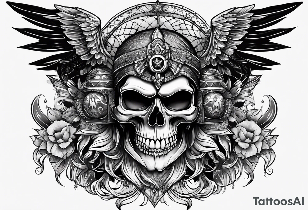 black kali, goddess pirate, alien, pachamama, valkrye, warrior, skull, lotus azul, wing, eagle, zenza resonance, stars, 5D tattoo idea