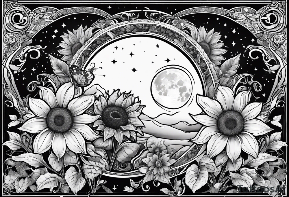 Cancer, moon, sunflower, flowers, fairy, goddess, love, kind, fierce, sun, caring, tattoo idea