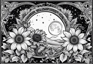 Cancer, moon, sunflower, flowers, fairy, goddess, love, kind, fierce, sun, caring, tattoo idea