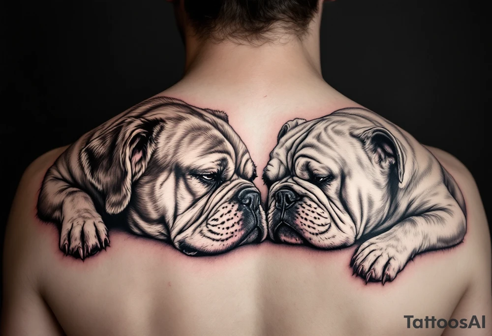 a golden retriever and an English bulldog, lying on their sides, head to head, foreheads touching, golden's head is larger than bulldog's tattoo idea