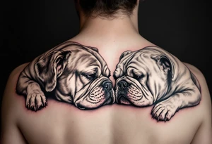 a golden retriever and an English bulldog, lying on their sides, head to head, foreheads touching, golden's head is larger than bulldog's tattoo idea