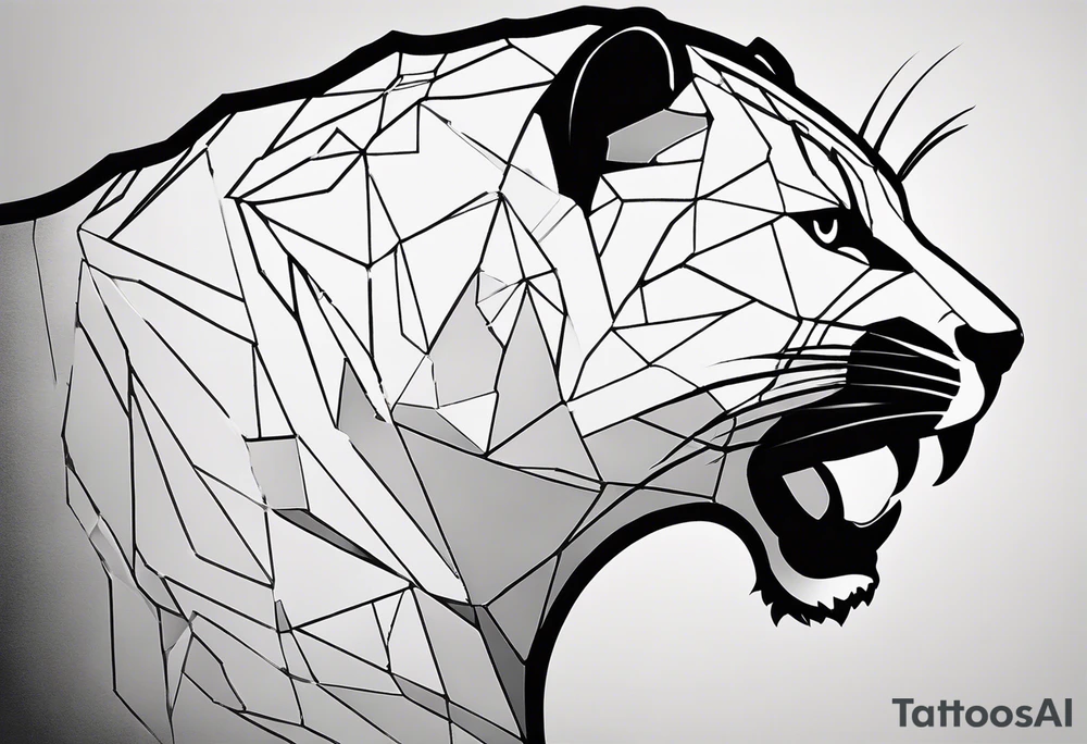 A black-and-white silhouette of a panther in mid-transformation from fire to ice. The panther's body is outlined in bold, fluid black lines, with one half covered in sharp, jagged shapes suggesting flames, while the other half is represented by crystalline, angular forms indicating ice. The transition between the two elements is depicted through a blend of sharp, contrasting lines, where the fluidity of the transformation is emphasized by dynamic, abstract shapes. The dark background is stark and minimal, with swirling, motion-like lines in black to hint at the movement and fluidity of the change. The entire image focuses on bold silhouettes, capturing the dramatic contrast of fire and ice without gradients, creating a powerful, minimalist representation of the panther's transformation. tattoo idea