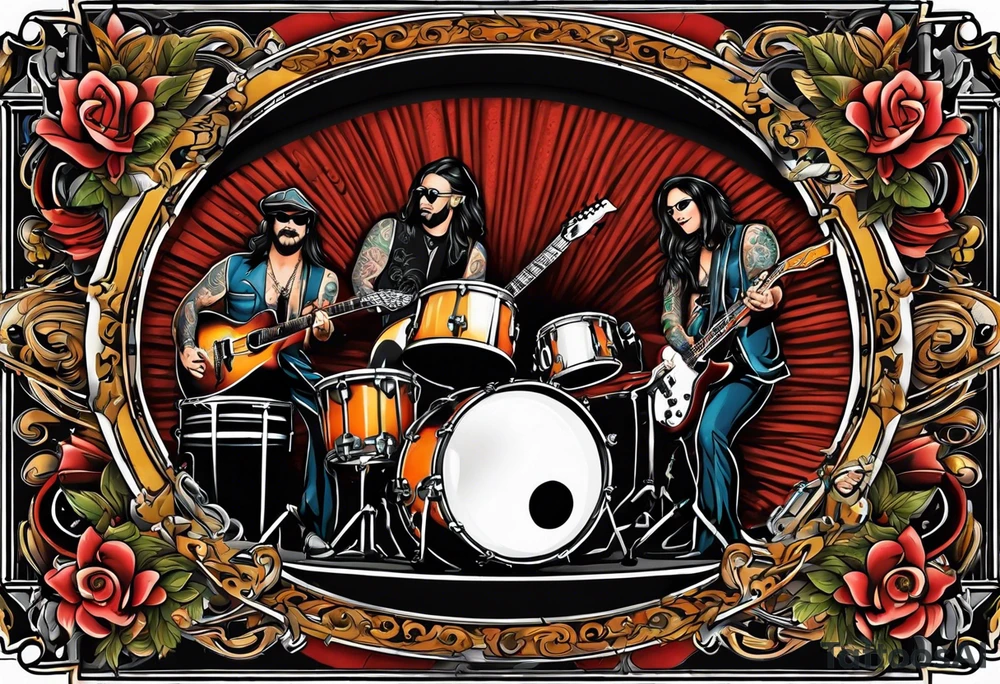 Just 4 fun band with guitar and drums three guys and one lady singer tattoo idea