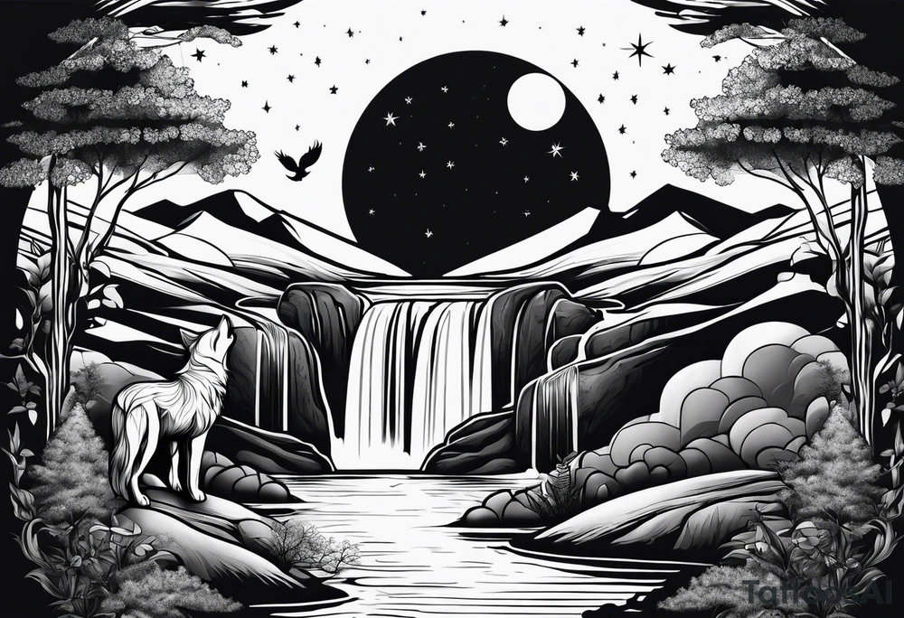 Waterfall with nature and the moon and the a wolf tattoo idea Waterfall with nature and the moon and the a wolf tattoo idea