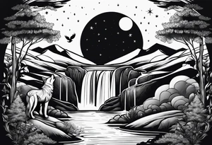 Waterfall with nature and the moon and the a wolf tattoo idea