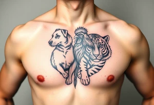 chest tattoo of dog and rooster and tiger together tattoo idea