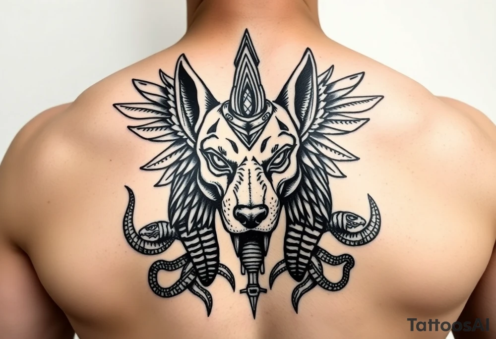 Egyptian Anubis god face muscle in Egypt style dog face surrounded Egyptian symbols and snakes full back tattoo idea