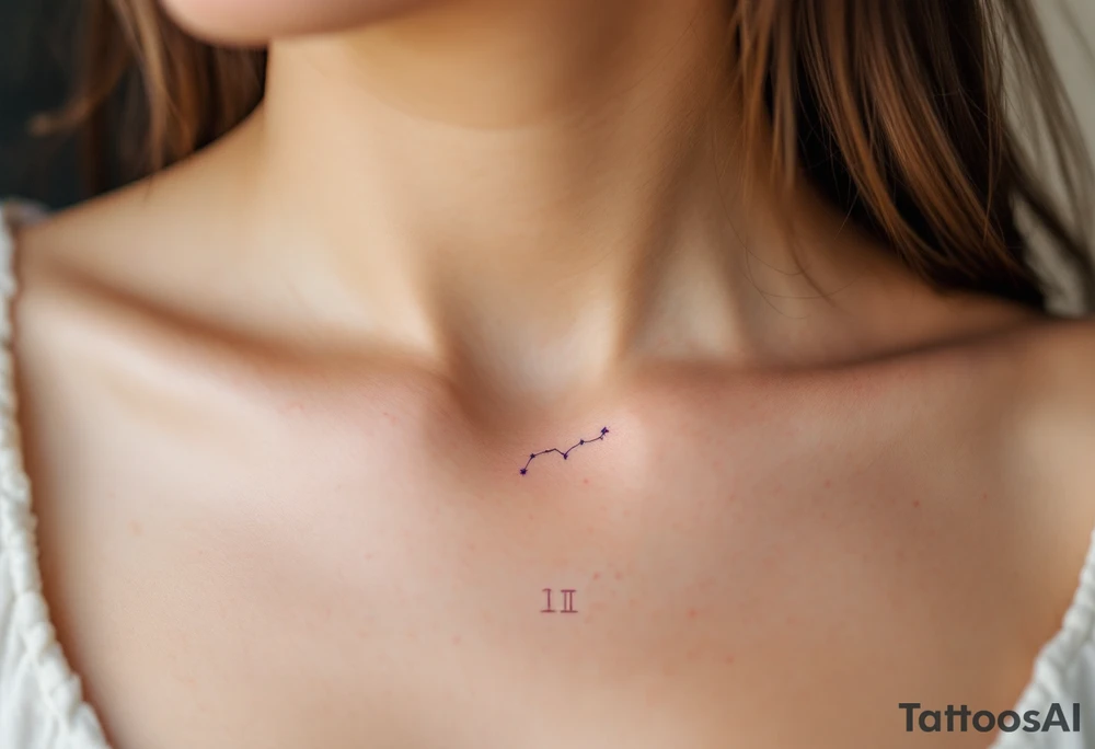A tiny pink Libra symbol floats above a gradient Libra stars constellation fading from teal to violet placed under collarbone. tattoo idea