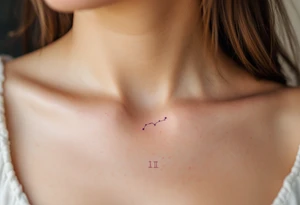 A tiny pink Libra symbol floats above a gradient Libra stars constellation fading from teal to violet placed under collarbone. tattoo idea