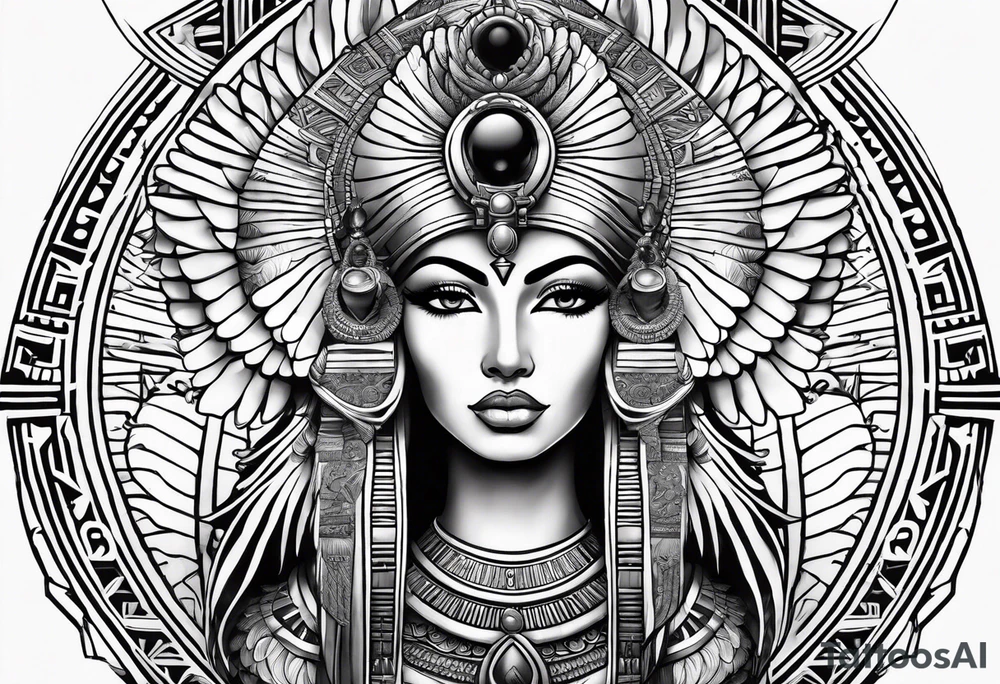 black and white Egyptian goddess Isis tattoo idea