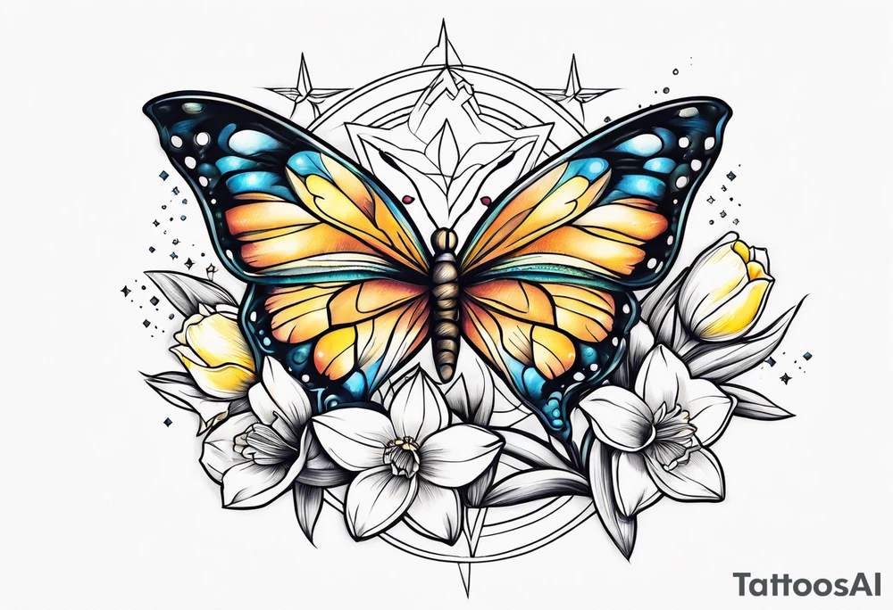 Butterfly, star and daffodils tattoo idea