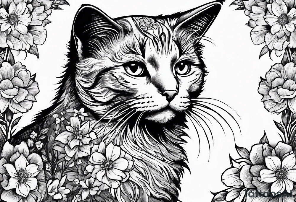 Cat looking up at a cardinal surrounded by flowers tattoo idea
