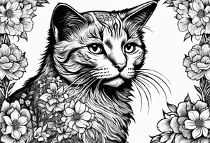 Cat looking up at a cardinal surrounded by flowers tattoo idea