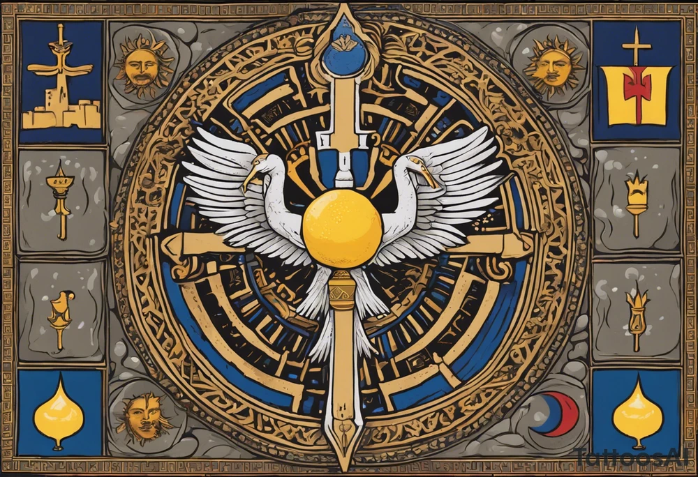 A medieval cross with an assyrian flag in the middle. A crown om top of the cross. The assyrian king Sennacherib. A sun and a moon. A cloud with rain and thunder. charizard. an imperfect cirkle. a candle. a swan. lemons. the god asshur with wings. an ankh. angel wings with a halo. surrounded by olive branches and feathers. all black and white. no shadowing. tattoo idea