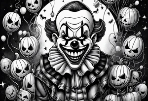 penny wise clown holding a single balloon, with spiders on webs that look evil , skulls all in a collage with other famous horror ,movie characters and an evil jack o lantern and pumpkin tattoo idea