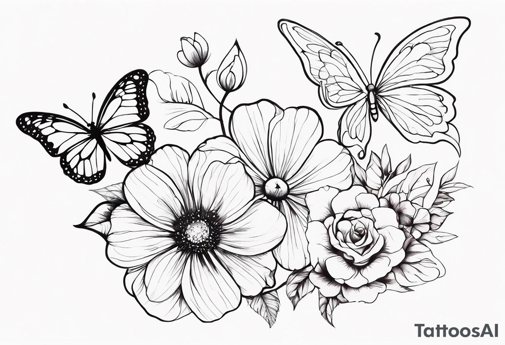 Large floral design of 3 different flowers with a fairy and butterfly tattoo idea