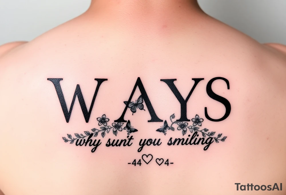 W.A.Y.S spelled out with why aren’t you smiling under neath it with flowers, butterflies and hearts with 444 tattoo idea