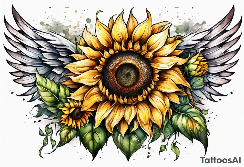 Sunflowers and angel wings leg sleeve tattoo idea