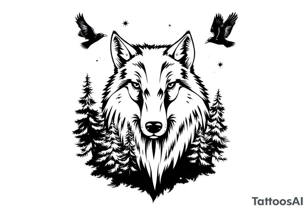 Wolf head surrounded by large pine trees growing from black ground and small ravens flying overhead tattoo idea