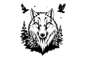 Wolf head surrounded by large pine trees growing from black ground and small ravens flying overhead tattoo idea