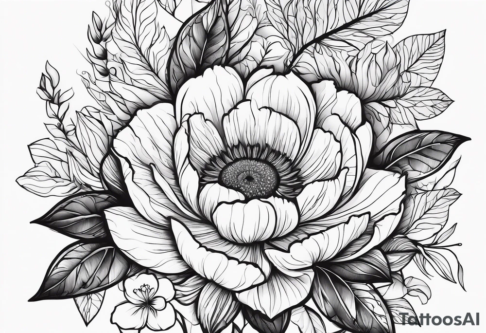 Symbolic shadowed black drawings on the background of different colored flowers tattoo idea