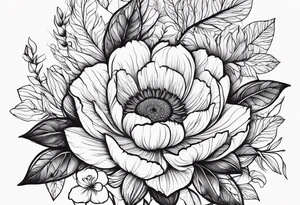 Symbolic shadowed black drawings on the background of different colored flowers tattoo idea