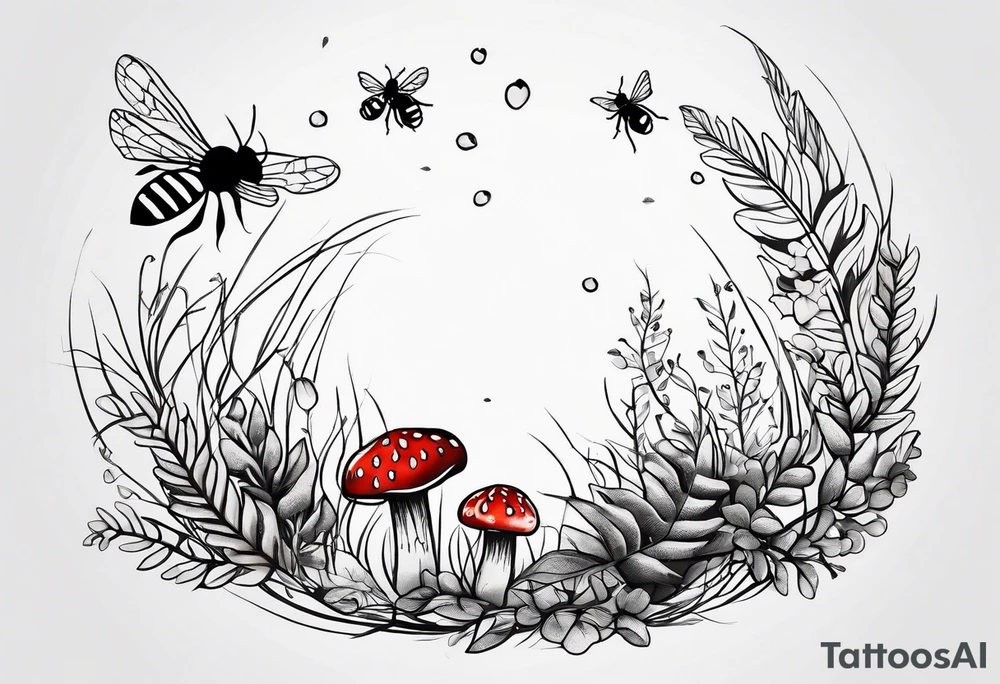 forest floor inspired minimalist tattoo, which includes grass, curly ferns and dead leaves as the bulk of the tattoo. details to include: three very tiny strawberries, a tiny bumblebee flying nearby, three small brown mushrooms tattoo idea