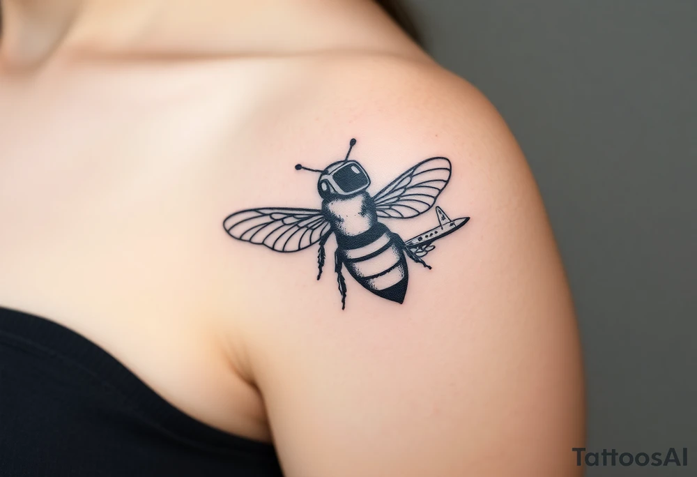 bee with a pilots hat flying next to a jet plane tattoo idea