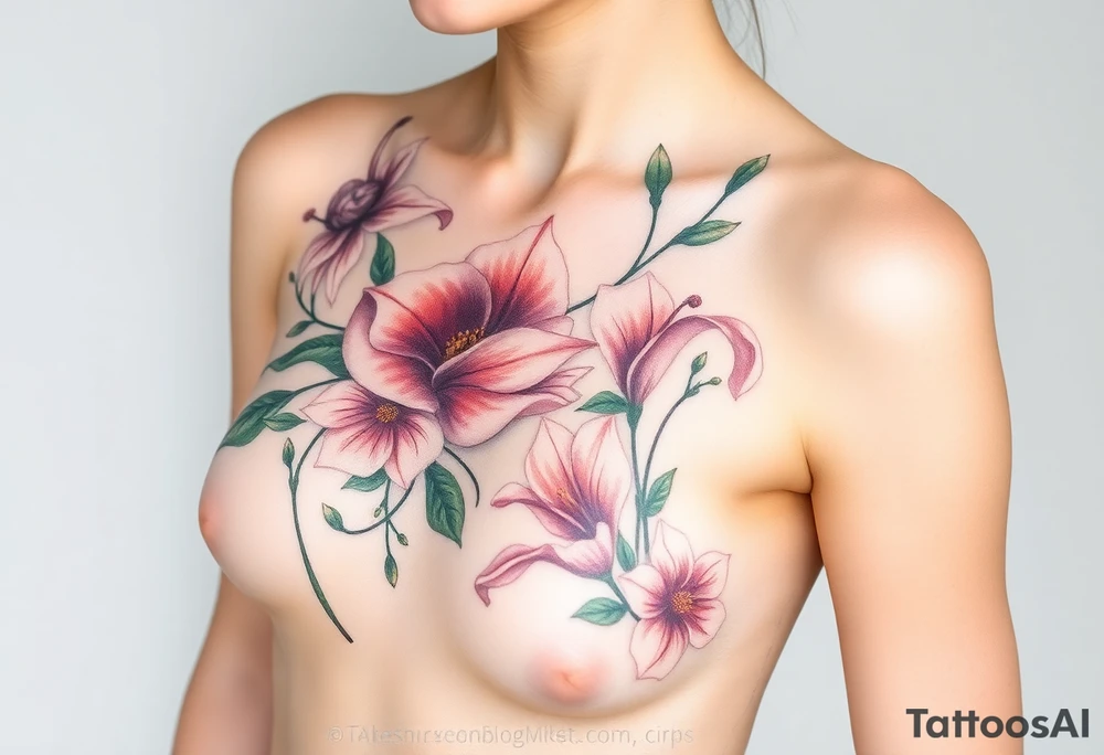 This tattoo is on a woman. It starts on her left side of the chest on the pectoral with a Glaiolus and Daisy together, then the tattoo rises over the left shoulder and down the arm and ends at the elbow. The tattoo will include a primroses, Calla Lilys, and Lillys. It will be light on color except in the petals and has light shading to make it pop. tattoo idea