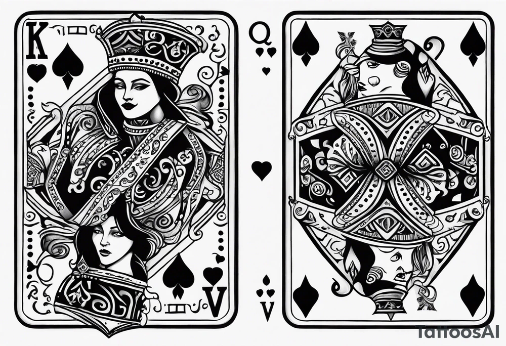 one playing card with both queen of hearts and king of spades incorporated in extreme minimalistic style tattoo idea