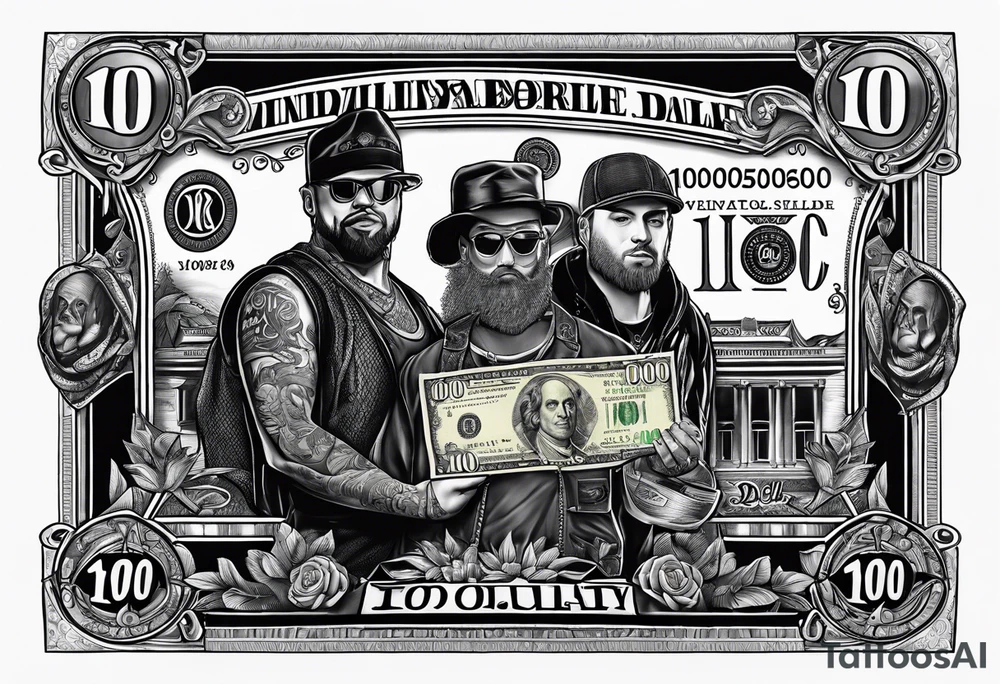 100 dollar bill with a money bag and a robber holding money bag tattoo idea