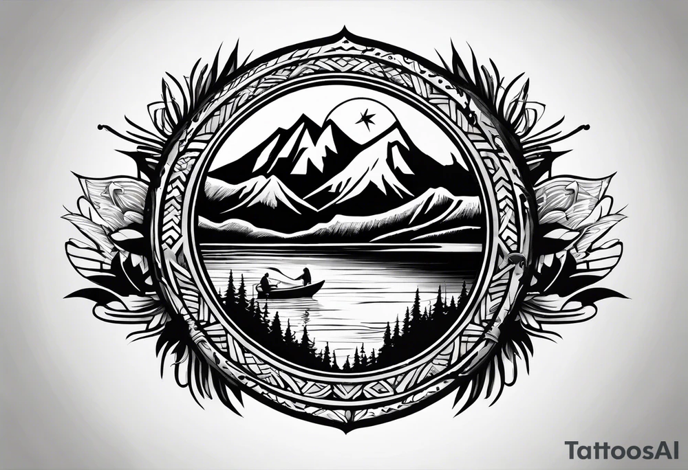 The word "HARK" as a banner with a mountain, a carabiner, compass, and a lake in a circular design tattoo idea