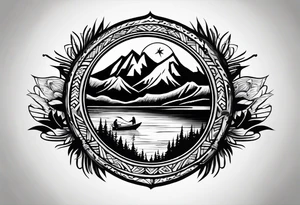 The word "HARK" as a banner with a mountain, a carabiner, compass, and a lake in a circular design tattoo idea